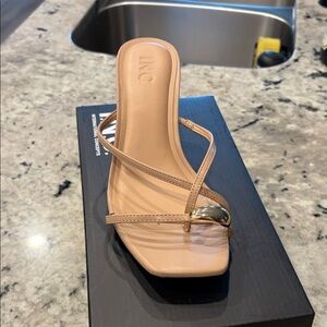 INC International Concepts Nude Tan Strappy Slide Sandal with Gold Accent